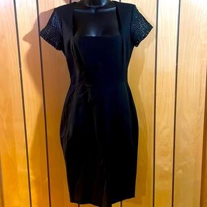 Banana Republic Black Midi Dress with Textured Mesh Sleeves